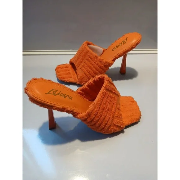 LIAYANA Orange Terry Cloth Open Toe Square Toe Heels Women Size 9 - Picture 9 of 9